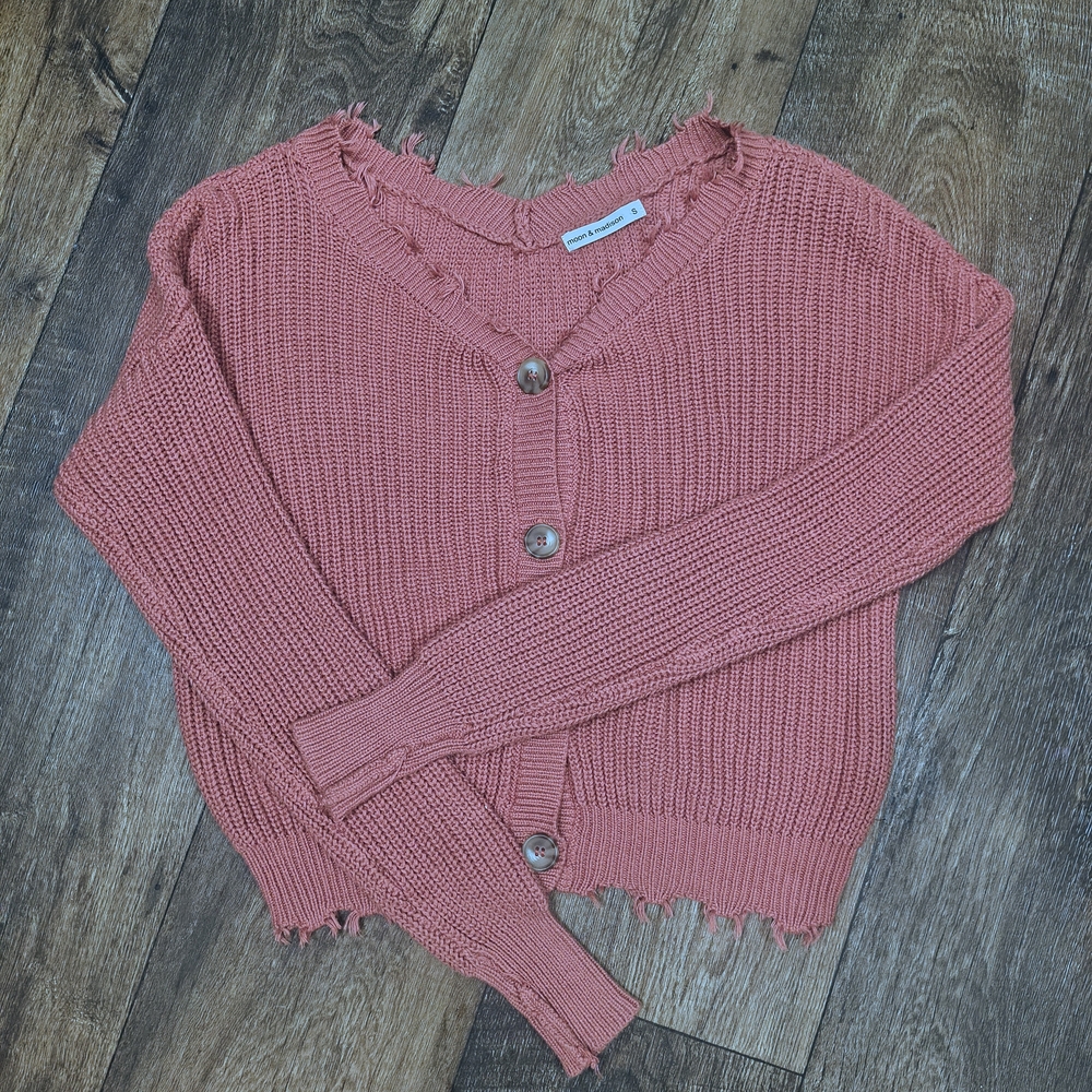 moon & madison Coral Frayed Hem Cardigan